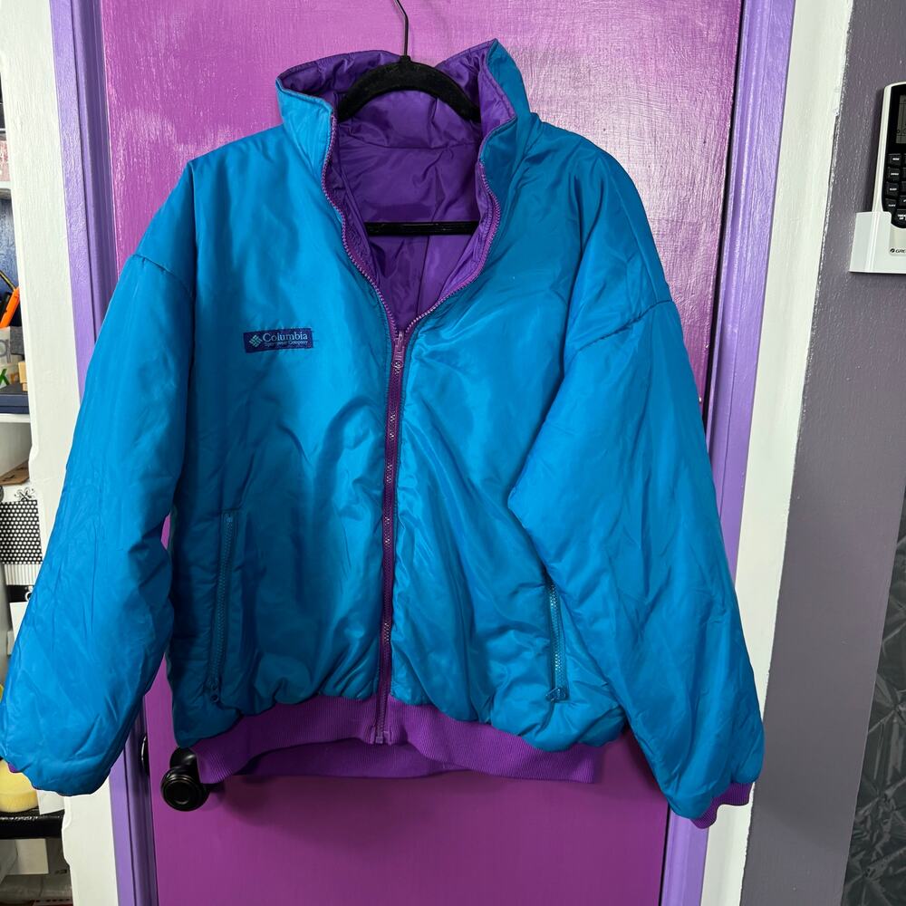 Vintage Columbia Reversible Puffer Jacket Women’s XL Blue Purple Insulated Coat - Picture 2 of 10